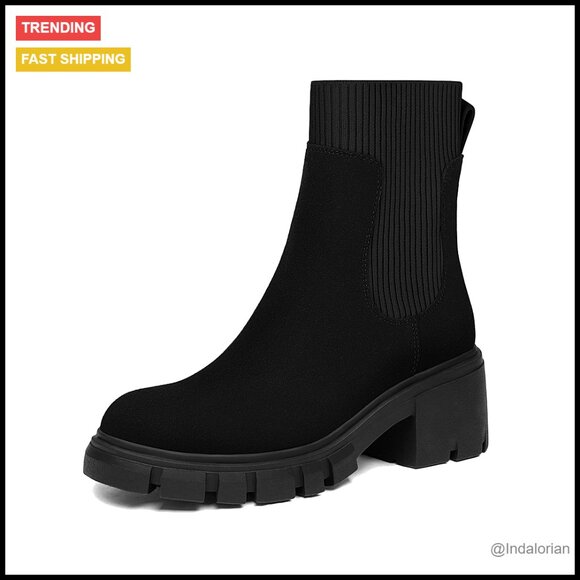 Chunky Lug Sole Chelsea Boots Platform Ankle Booties Slip On Fashion